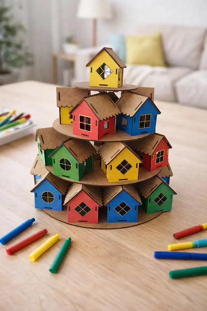 Icona - Boyanabilir Mini Ahşap Ev Seti – Eğitici Etkinlik ve Dekor Oyunu