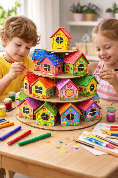 Icona - Boyanabilir Mini Ahşap Ev Seti – Eğitici Etkinlik ve Dekor Oyunu