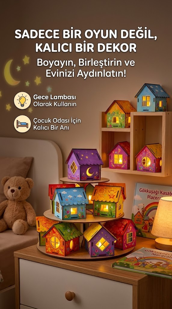 Icona - Boyanabilir Mini Ahşap Ev Seti – Eğitici Etkinlik ve Dekor Oyunu