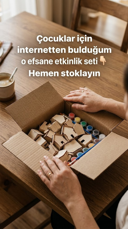 Icona - Boyanabilir Mini Ahşap Ev Seti – Eğitici Etkinlik ve Dekor Oyunu