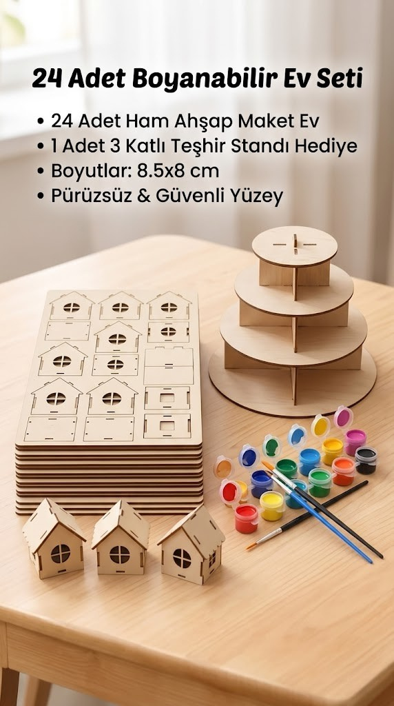 Icona - Boyanabilir Mini Ahşap Ev Seti – Eğitici Etkinlik ve Dekor Oyunu