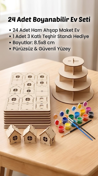 Icona - Boyanabilir Mini Ahşap Ev Seti – Eğitici Etkinlik ve Dekor Oyunu