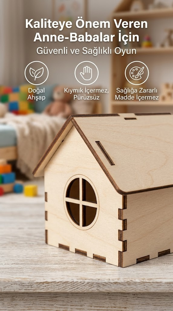 Icona - Boyanabilir Mini Ahşap Ev Seti – Eğitici Etkinlik ve Dekor Oyunu