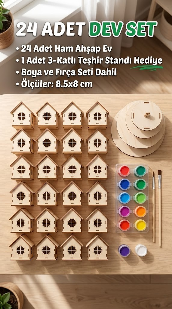 Icona - Boyanabilir Mini Ahşap Ev Seti – Eğitici Etkinlik ve Dekor Oyunu