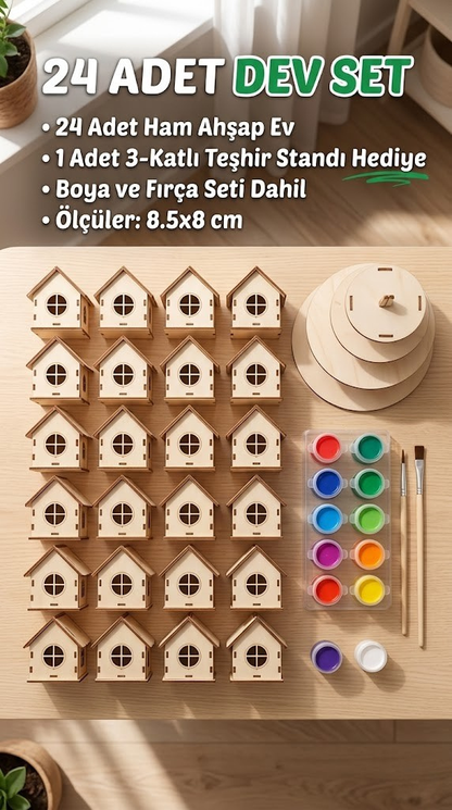 Icona - Boyanabilir Mini Ahşap Ev Seti – Eğitici Etkinlik ve Dekor Oyunu