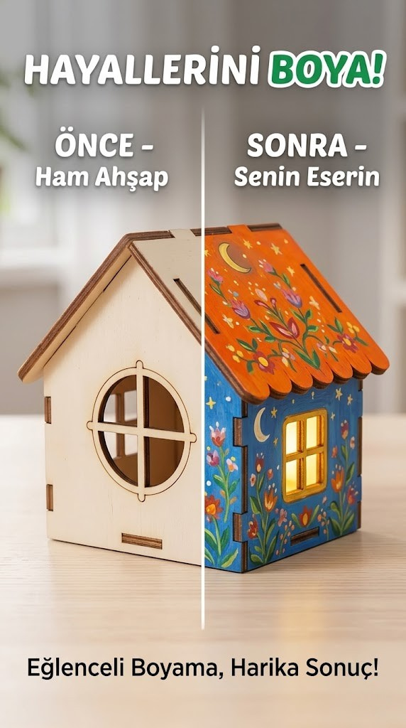 Icona - Boyanabilir Mini Ahşap Ev Seti – Eğitici Etkinlik ve Dekor Oyunu